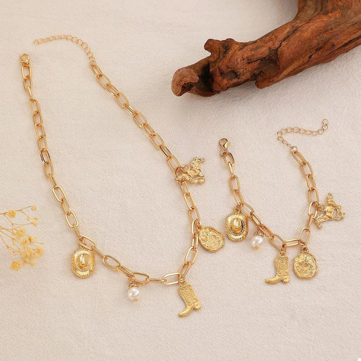 18K Gold-Plated Charm Necklace and Bracelet Jewelry Set