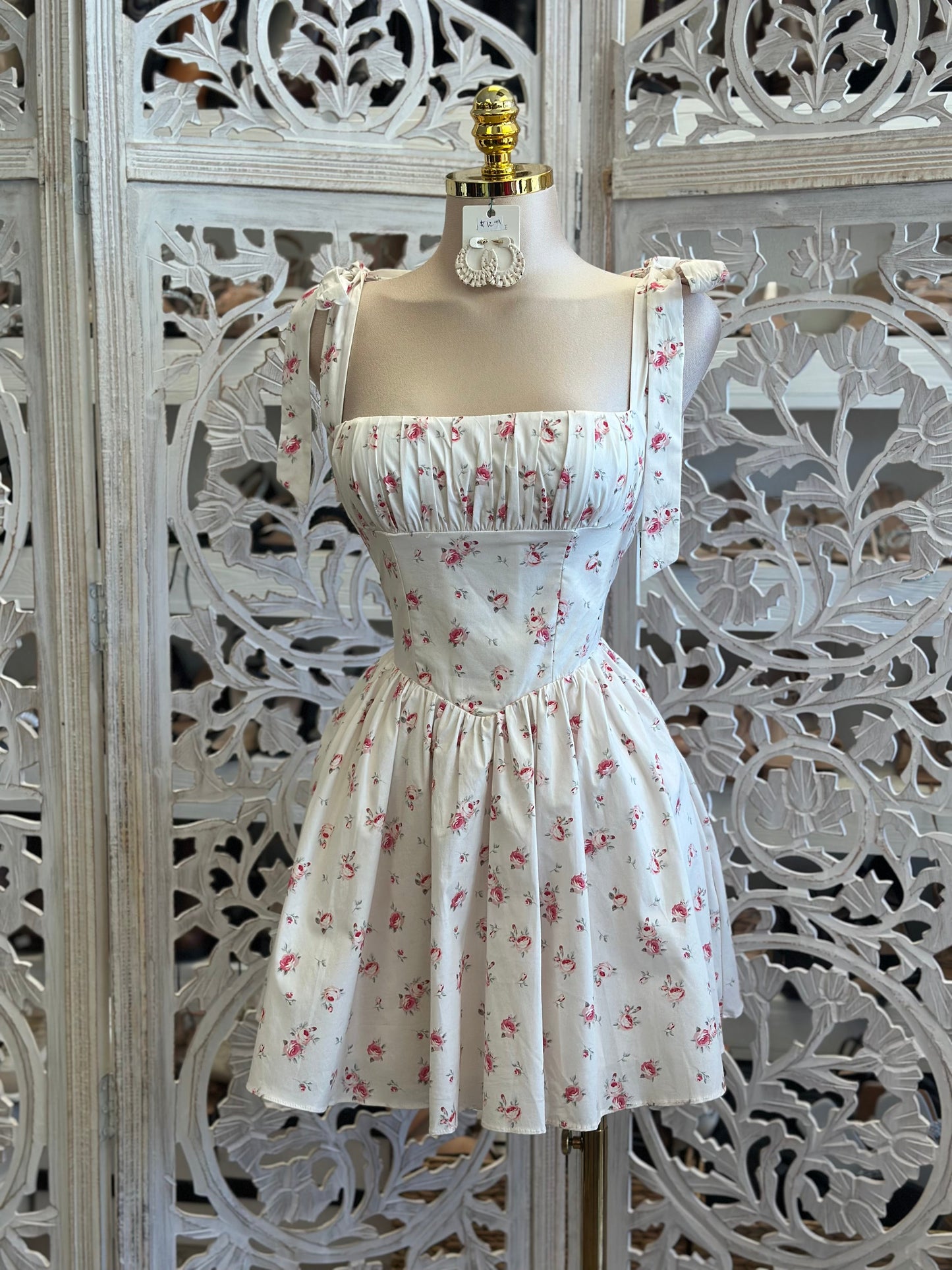 Floral Bow Strap Mini Dress- Not Stretchy ,No Estira
