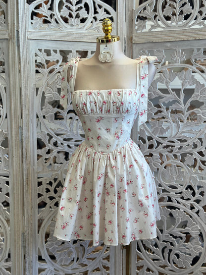 Floral Bow Strap Mini Dress- Not Stretchy ,No Estira