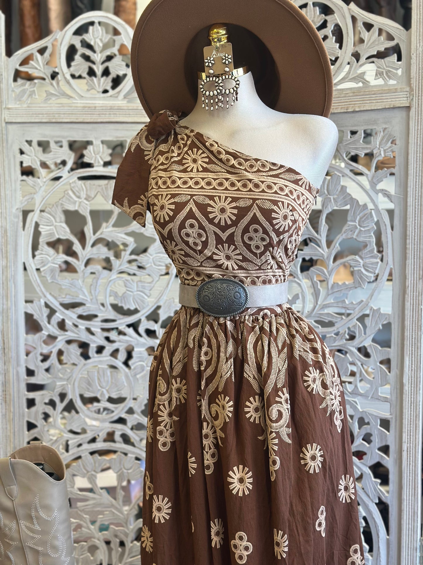 Boho One Sleeve Maxi Pattern Dress- No Estira, Not Stretchy
