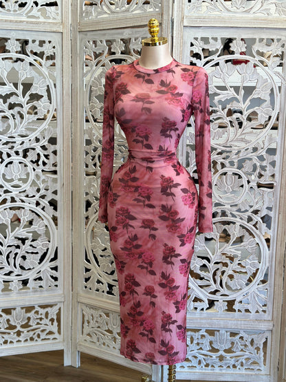 Mesh Long Sleeve Midi Floral Dress - Estira, Stretchy