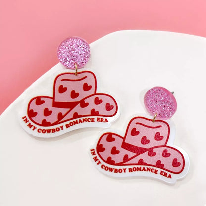 Cowboy Hat Dangle Earrings with Heart Accents