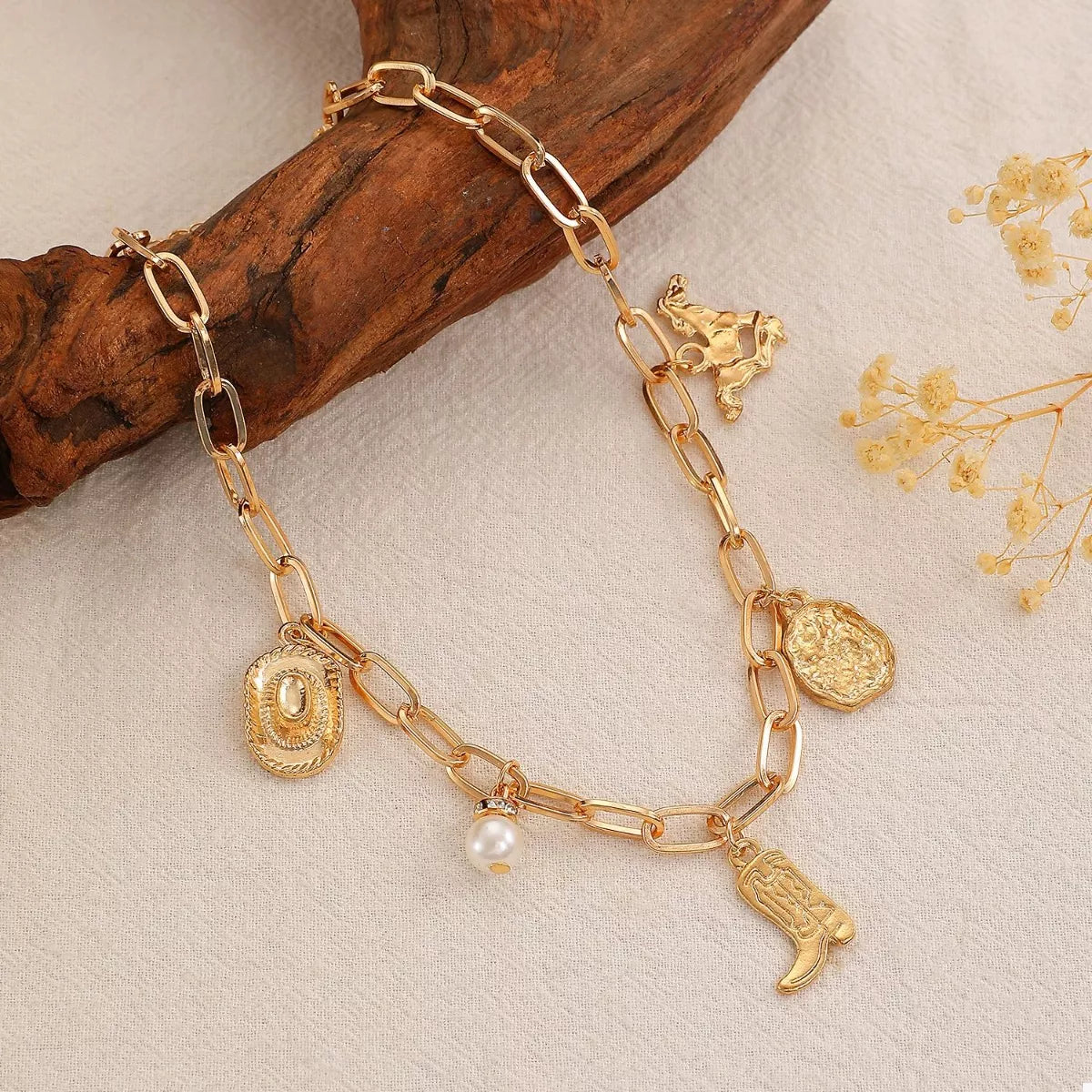 18K Gold-Plated Charm Necklace and Bracelet Jewelry Set