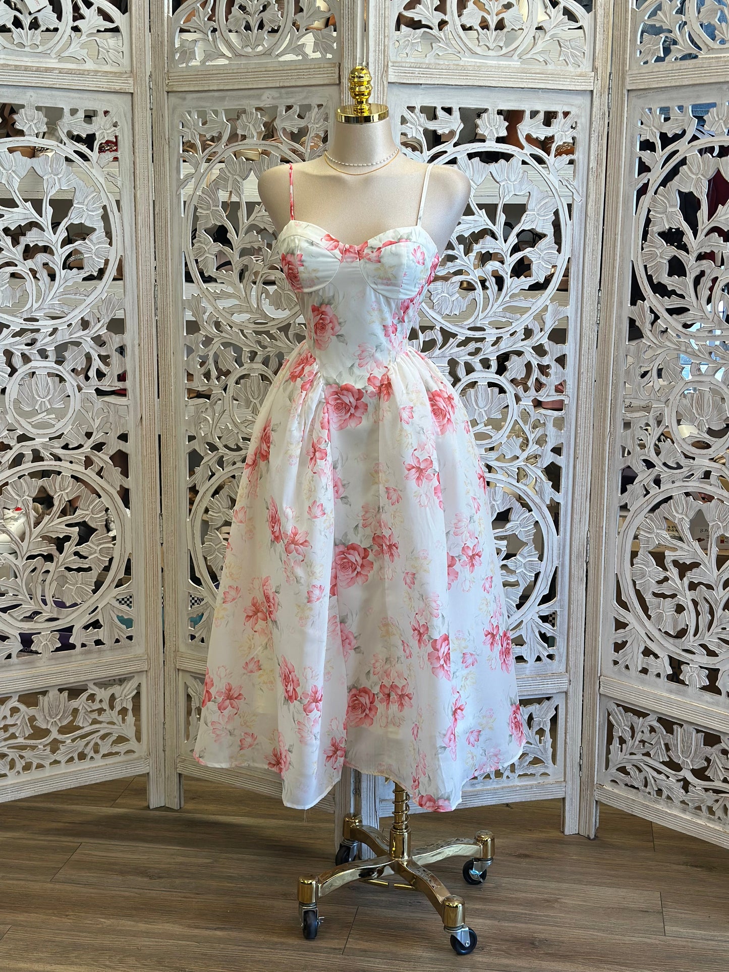 Pink Floral Cami Puff Ivory Dress -Estira, Stretchy