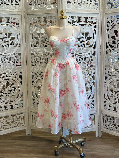 Pink Floral Cami Puff Ivory Dress -Estira, Stretchy