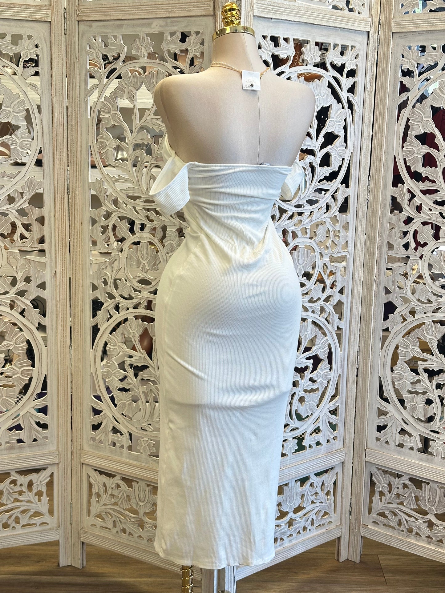 Ribbed Off Shoulder Midi Dress-Stretchy, Estira