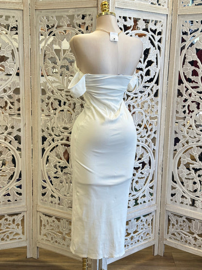Ribbed Off Shoulder Midi Dress-Stretchy, Estira