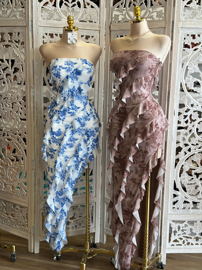 Strapless Ruffle Midi Dress- Stretchy,Estira
