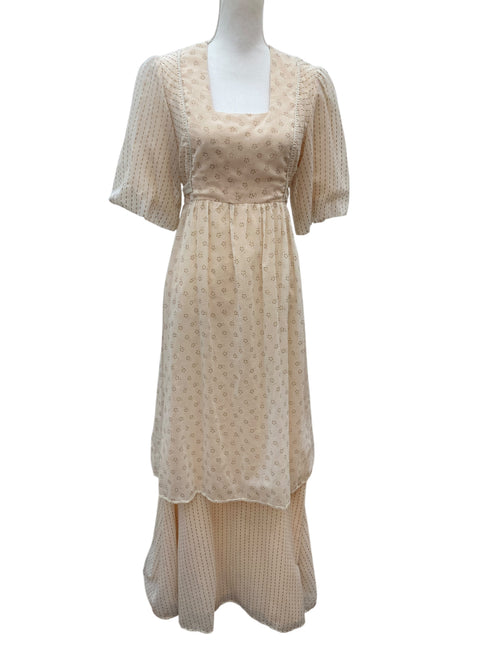 Vintage Summer Party Dress in Ivory/Gold Print, S/M
