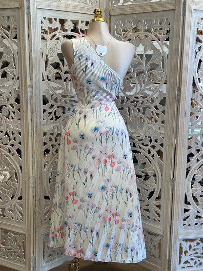 Pleated Floral Midi One Sleeve Dress- Not Stretchy , No Estira