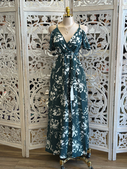 Deep Green Floral Maxi Dress- Stretchy, Estira
