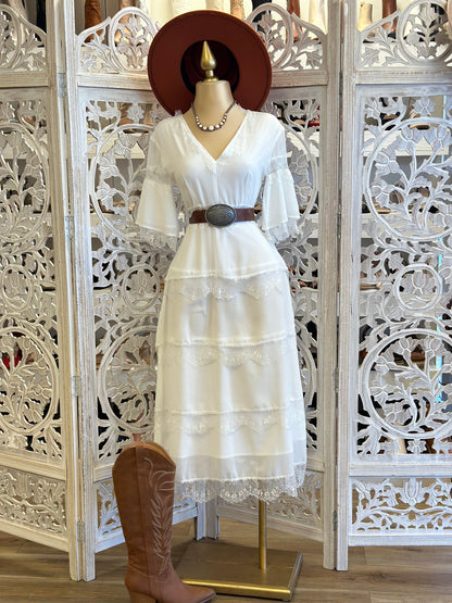 Lace Trim Mid Sleeve Maxi Dress- Not Stretchy