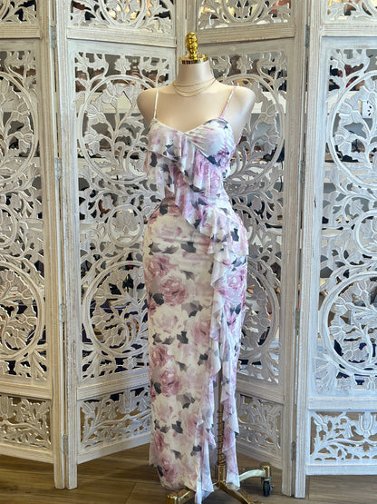 Ruffle Lavender Floral Maxi Dress- Stretchy, Estira