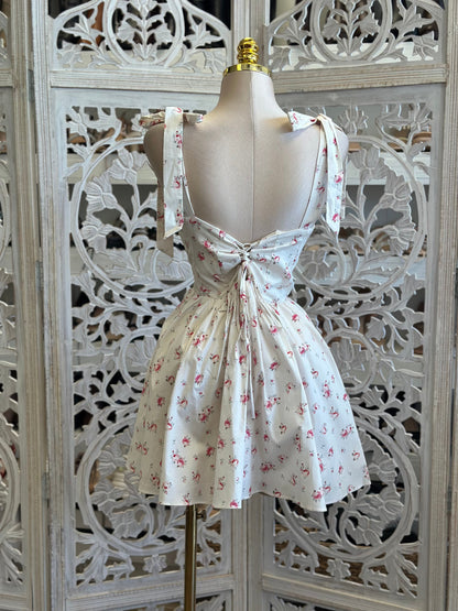 Floral Bow Strap Mini Dress- Not Stretchy ,No Estira