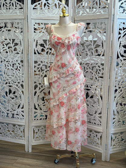 Pink Floral Lace Lined Dress- Not Stretchy, No Estira