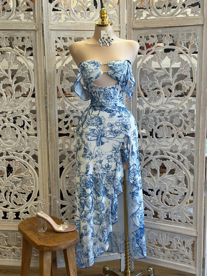 Blue Floral Keyhole Cutout Midi Dress- Stretchy, Estira