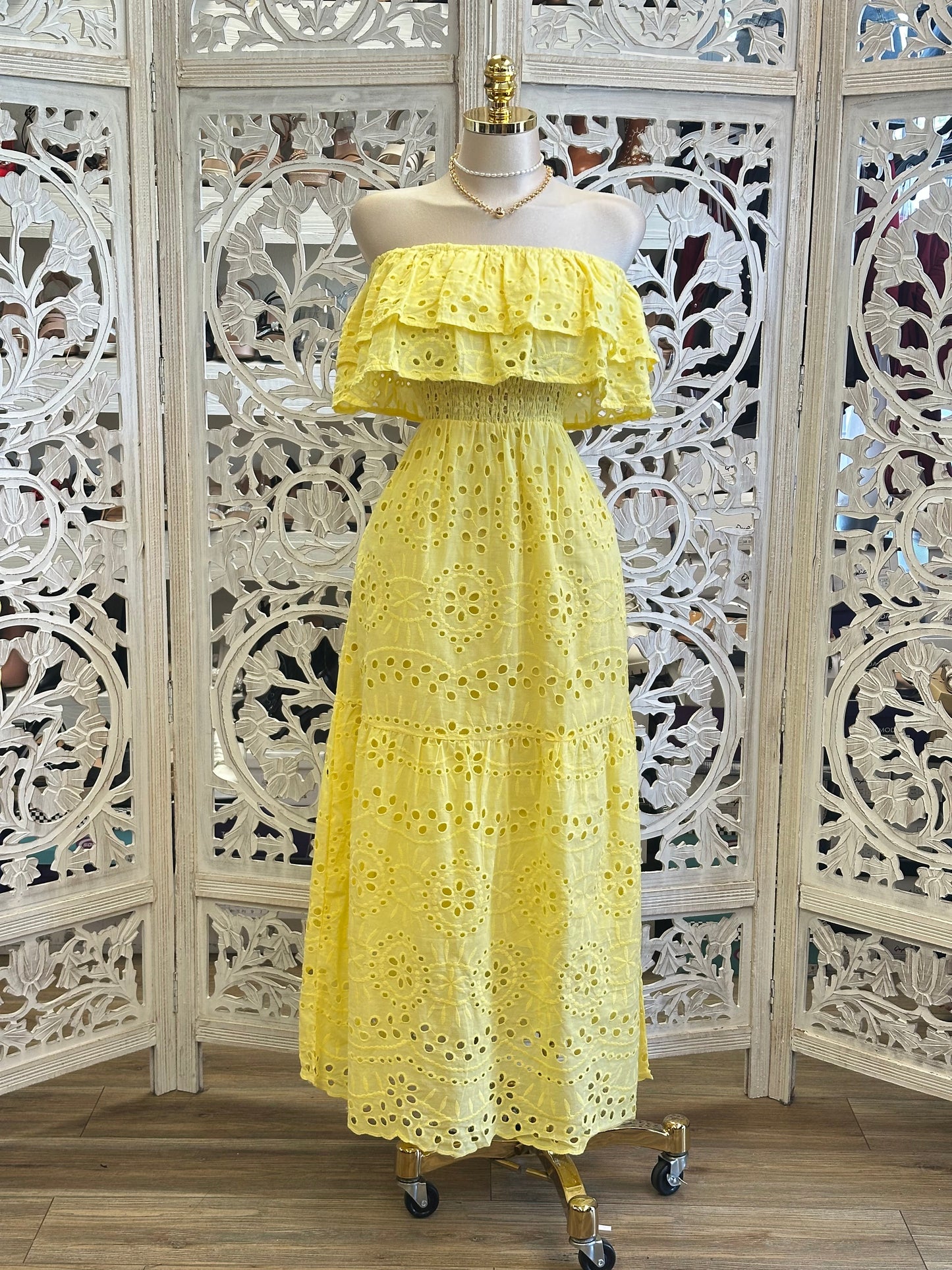 Sunny Yellow Eyelet Maxi Dress - Estira, Stretchy