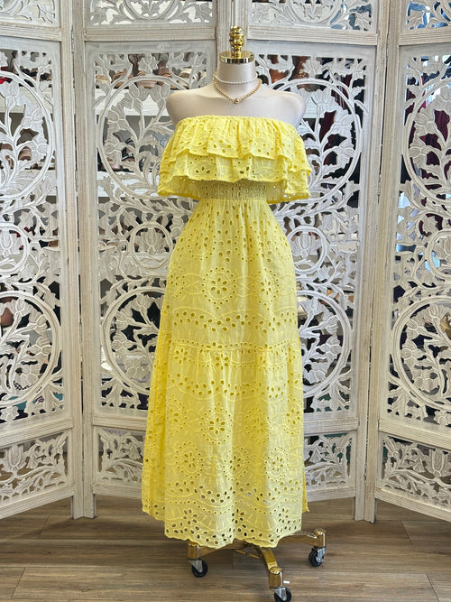 Sunny Yellow Eyelet Maxi Dress - Estira, Stretchy
