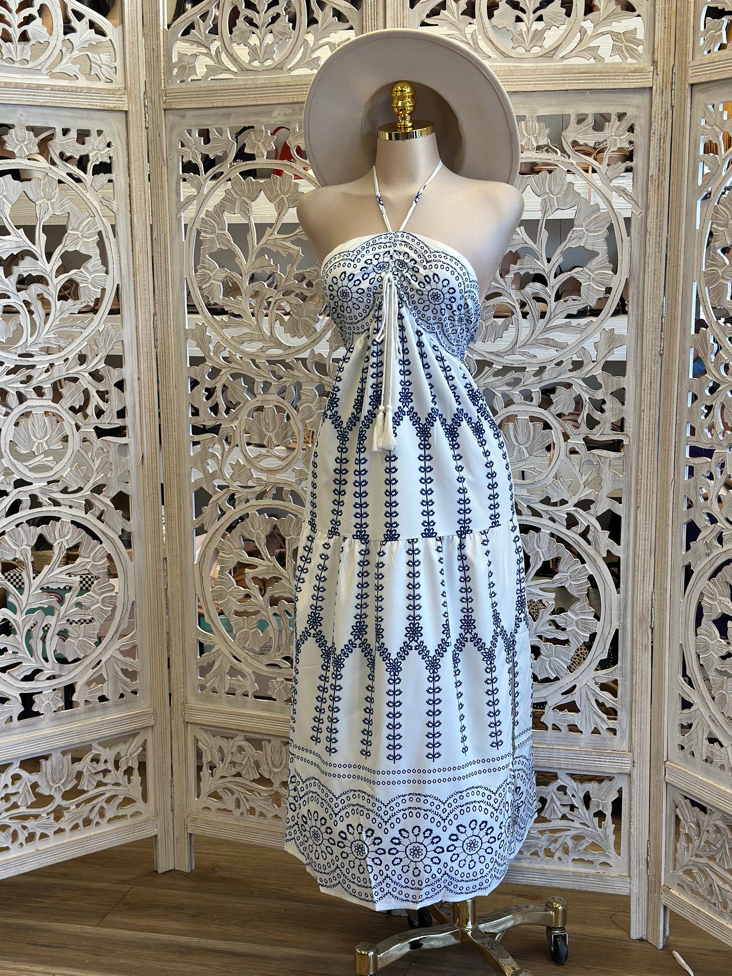 Halter Summer Pattern Maxi Dress-Estira, Stretchy