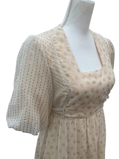Vintage Summer Party Dress in Ivory/Gold Print, S/M