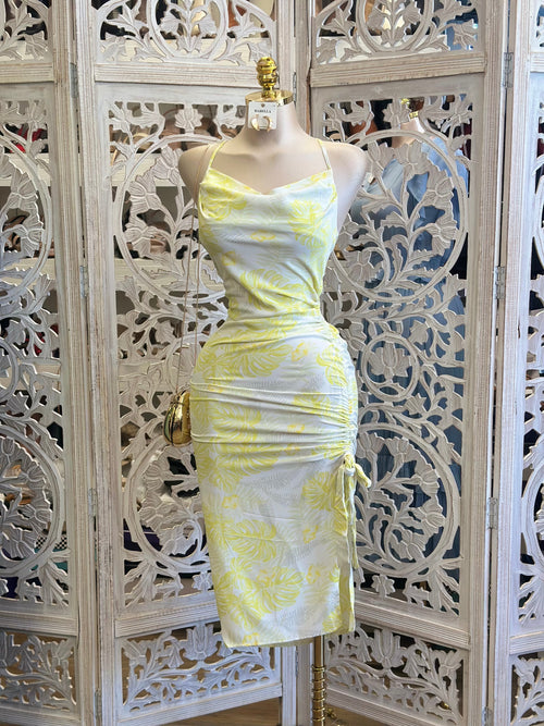 Leaf Pattern Yellow Ruched Dress -No Estira, Not Stretchy