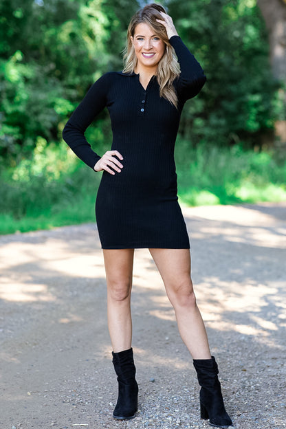 Black Long Sleeve Rib Knit Dress