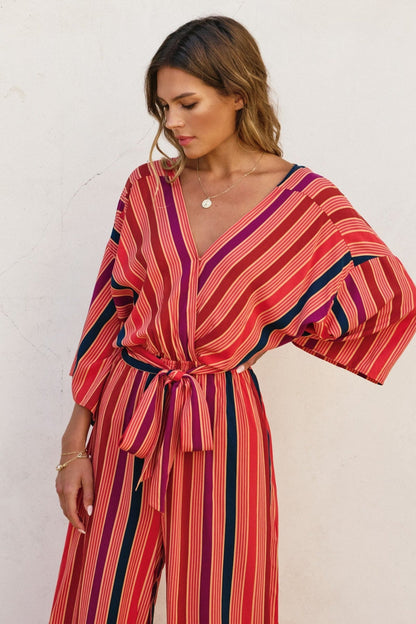 LUNARIA TRIPED KIMONO SURPLICE JUMPSUIT
