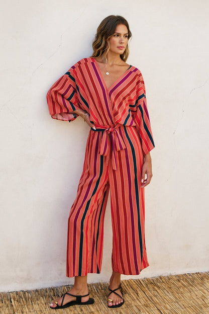 LUNARIA TRIPED KIMONO SURPLICE JUMPSUIT