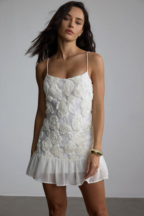 Beverly Floral Applique Pleated Chiffon Mini Dress
