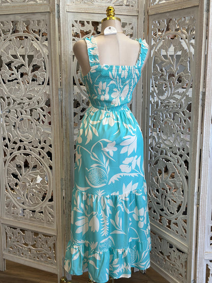 Bright Turquoise Maxi Floral Dress- Stretchy, Estira