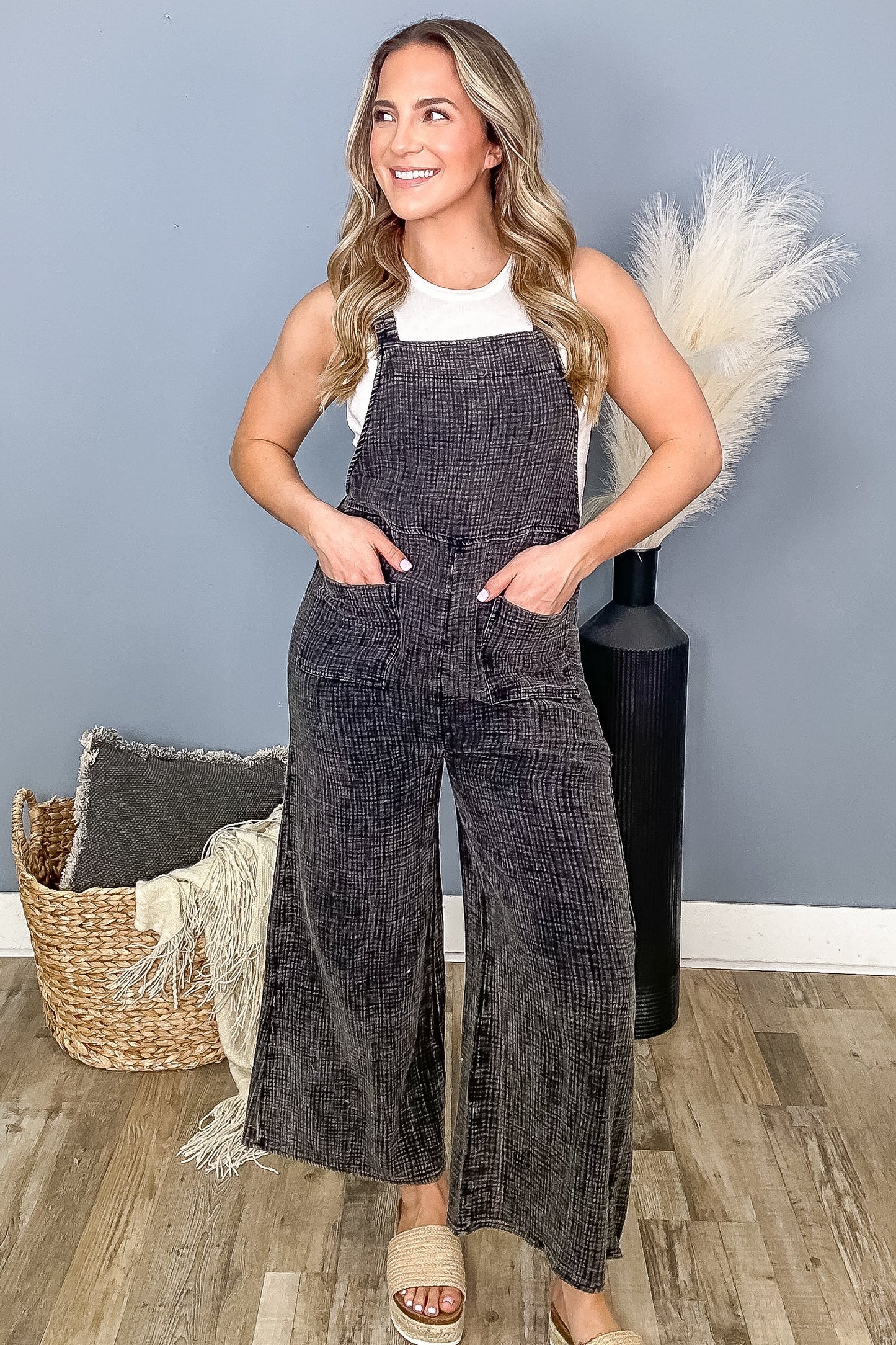 Black Washed Gauze Wide Leg Overalls