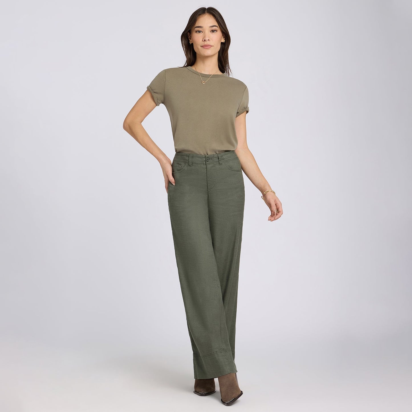 5 Pocket Wide Leg Trouser Pants - Desert Green