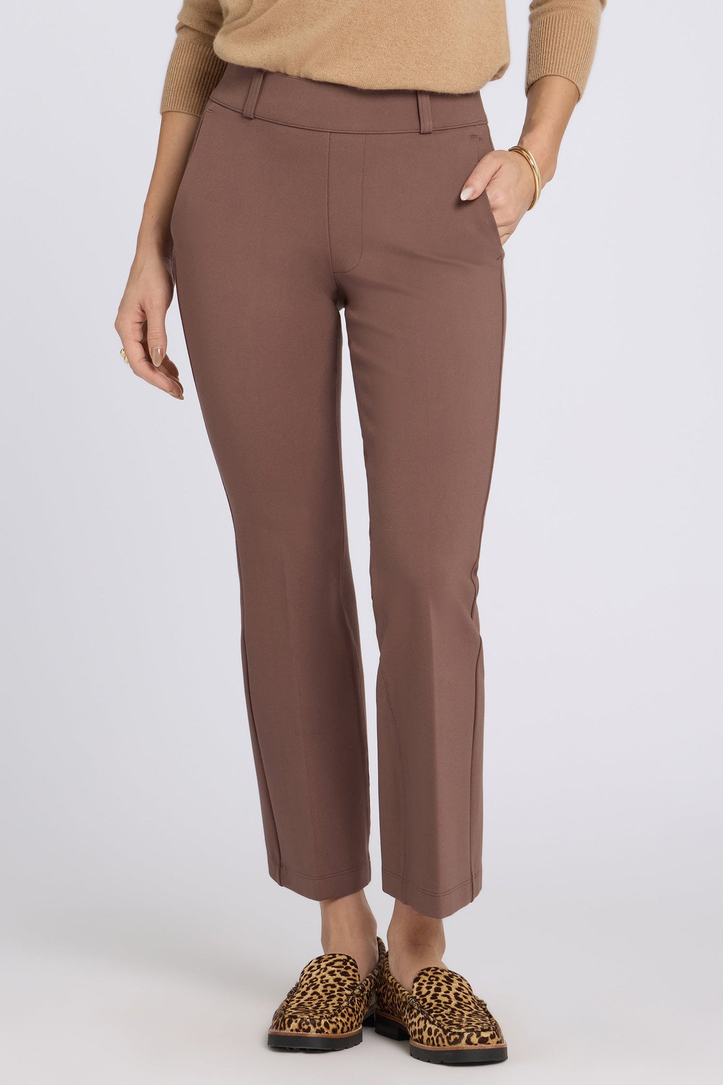 Pull-On Flared Ankle Trouser Pants - Deep Taupe