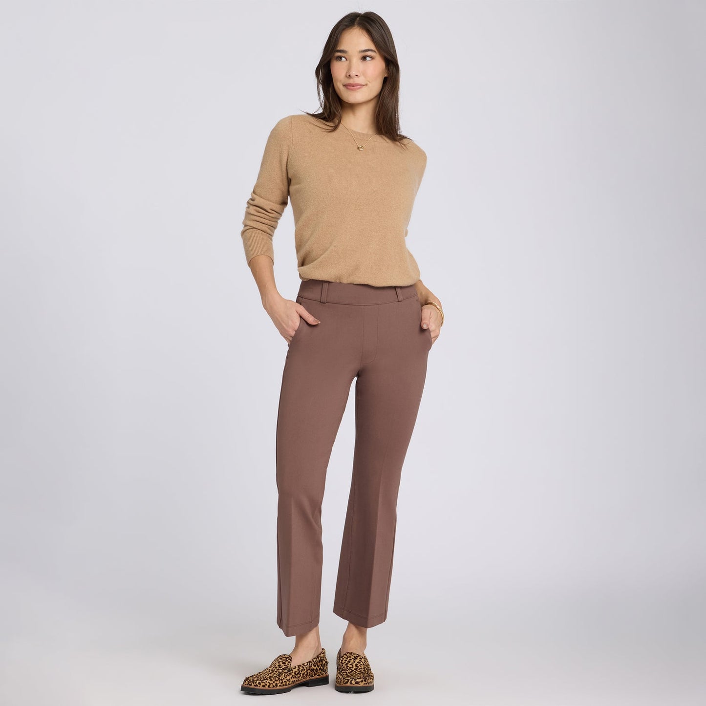 Pull-On Flared Ankle Trouser Pants - Deep Taupe