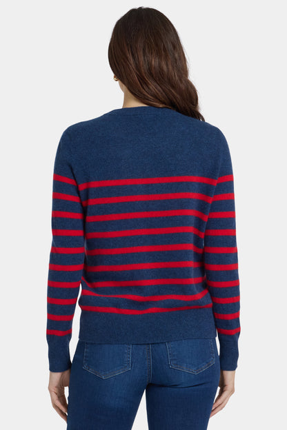 Striped Cashmere Crewneck Sweater - Navy Red Stripe