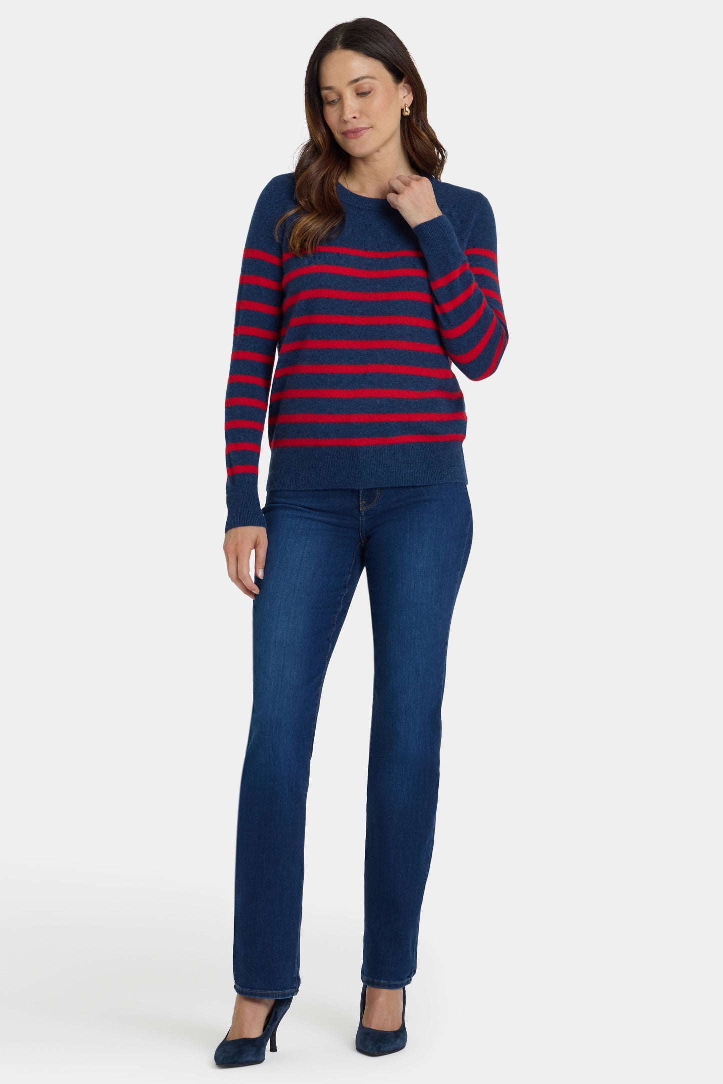Striped Cashmere Crewneck Sweater - Navy Red Stripe