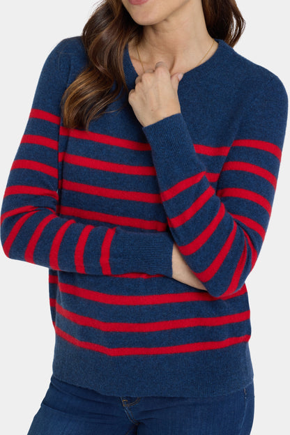 Striped Cashmere Crewneck Sweater - Navy Red Stripe