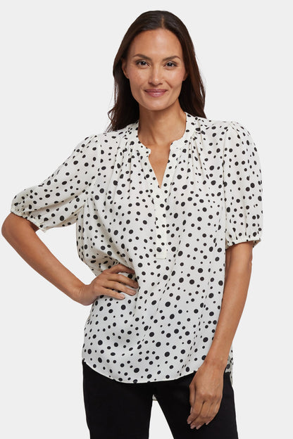 Short Puff Sleeved Popover Top - Josephine Dots