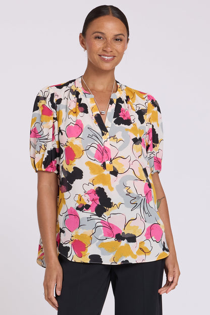 Short Puff Sleeved Popover Top - Floral Ballet