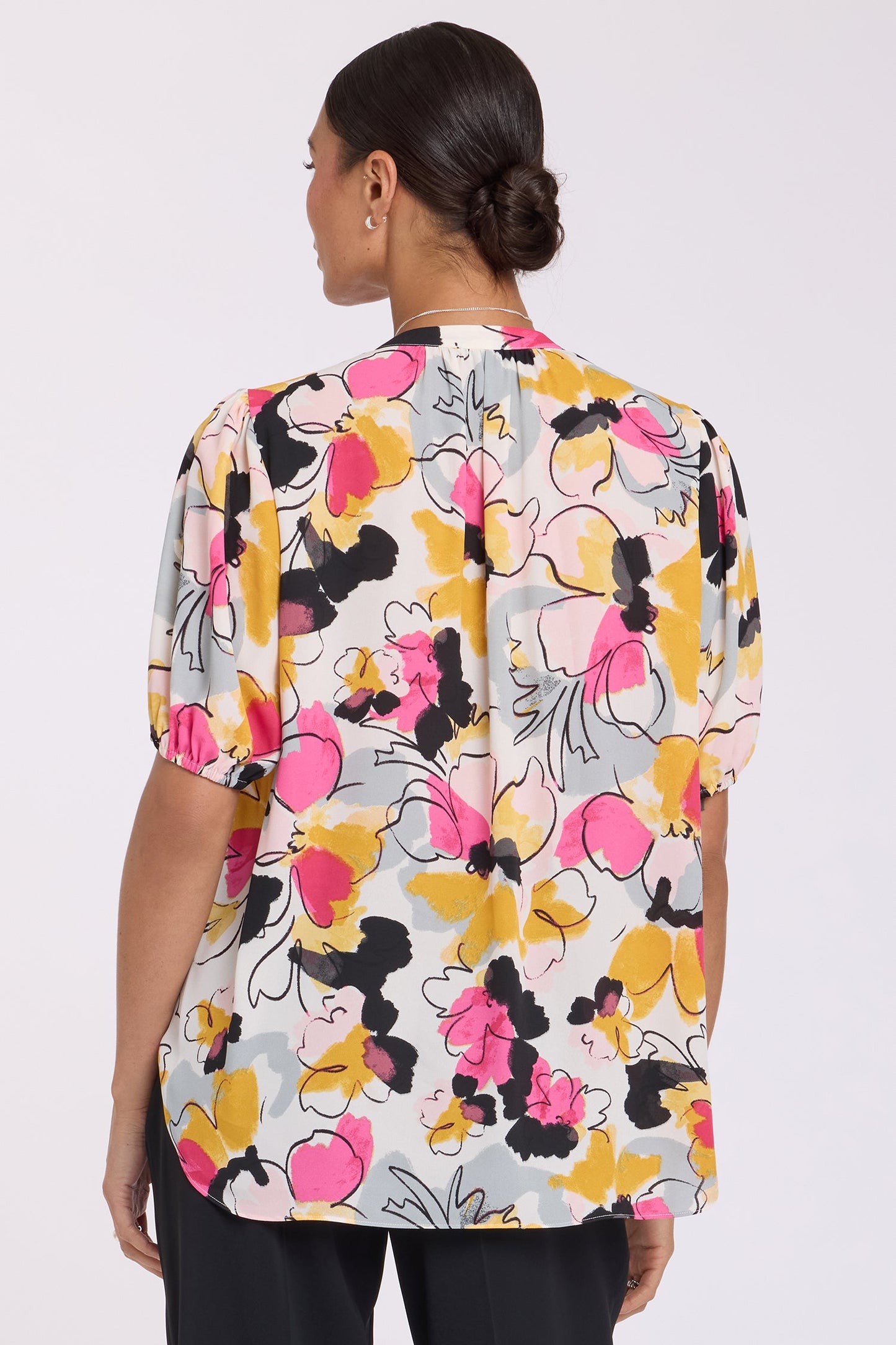 Short Puff Sleeved Popover Top - Floral Ballet