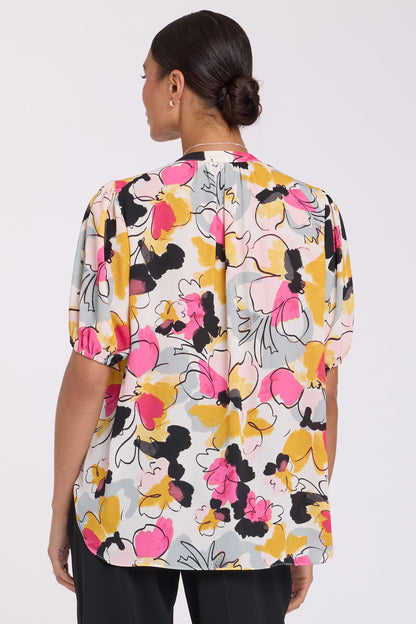 Short Puff Sleeved Popover Top - Floral Ballet