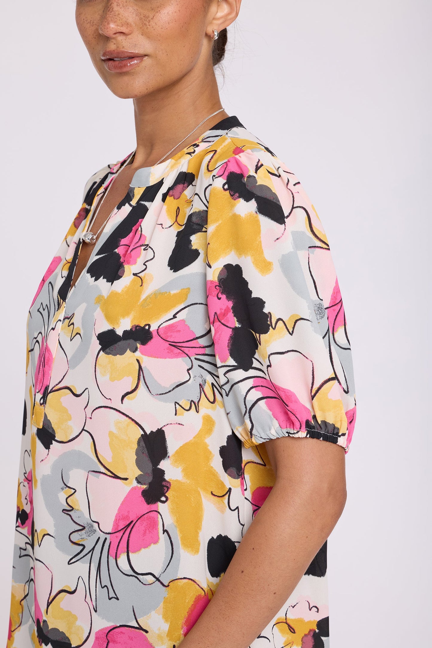 Short Puff Sleeved Popover Top - Floral Ballet