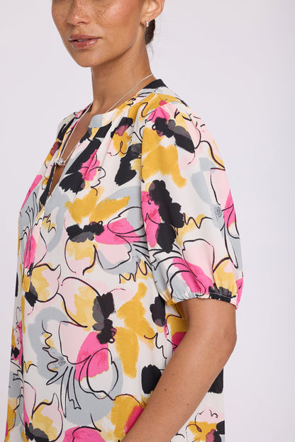 Short Puff Sleeved Popover Top - Floral Ballet