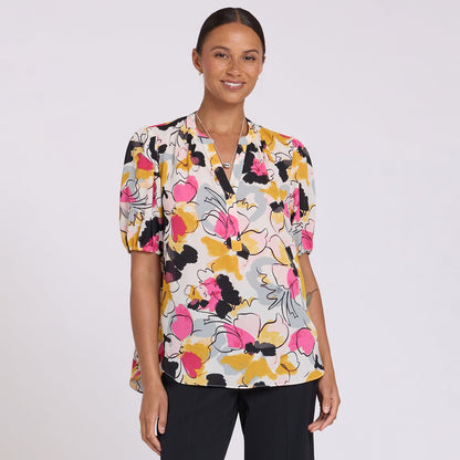 Short Puff Sleeved Popover Top - Floral Ballet