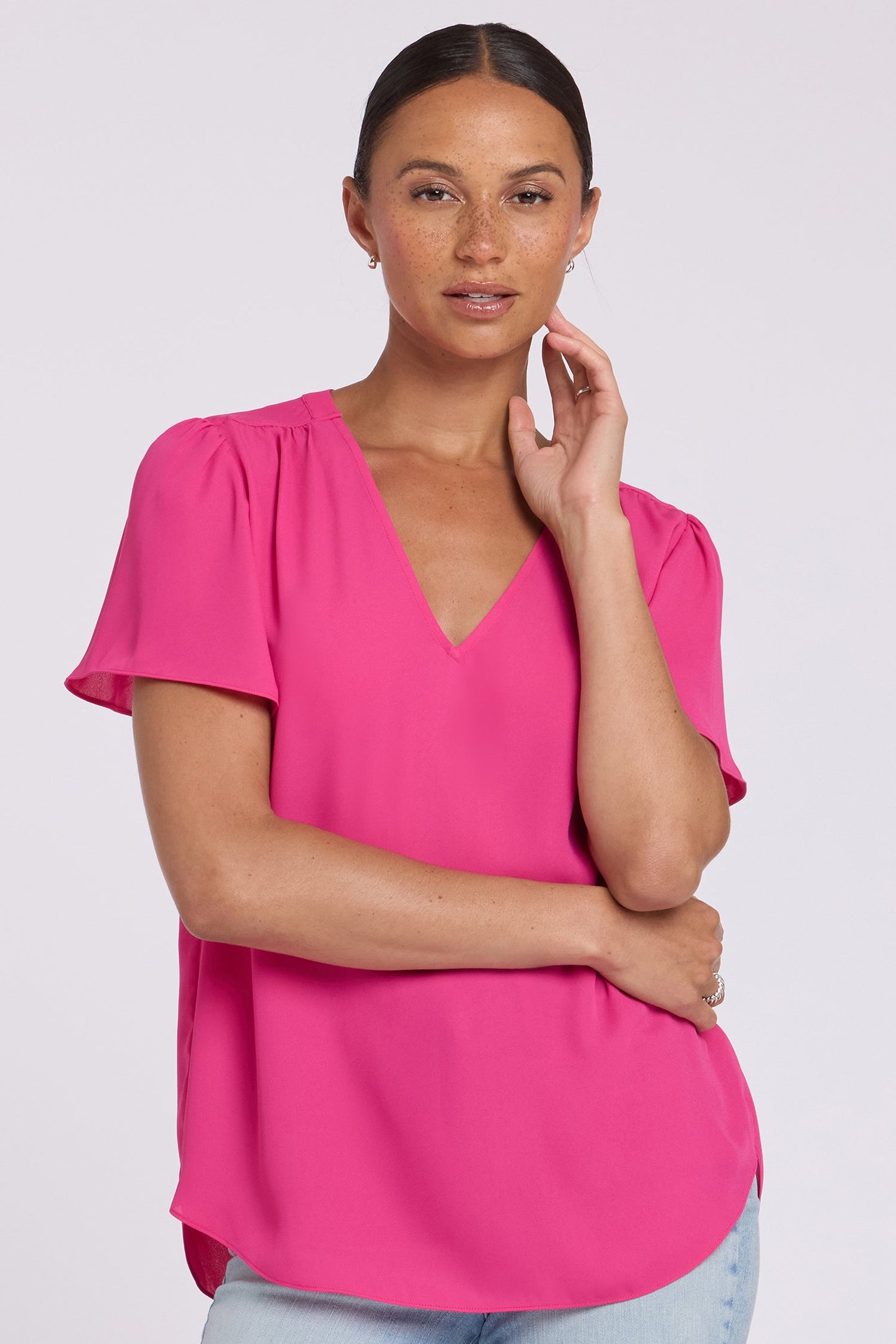 Pleated Flutter Sleeved Blouse - Pink Heart