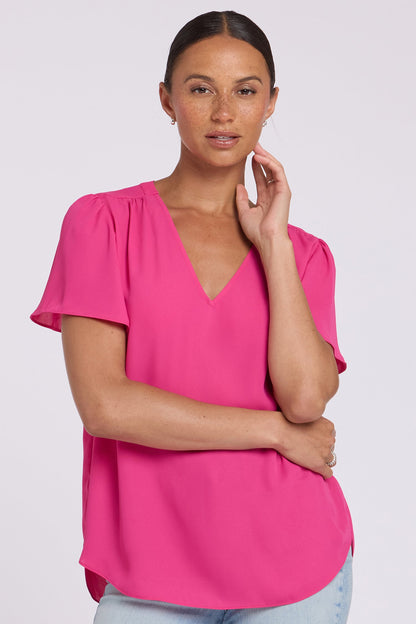 Pleated Flutter Sleeved Blouse - Pink Heart