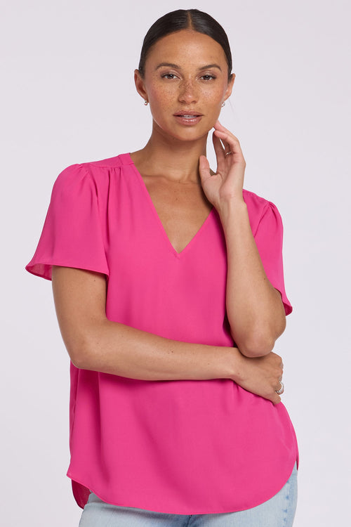 Pleated Flutter Sleeved Blouse - Pink Heart