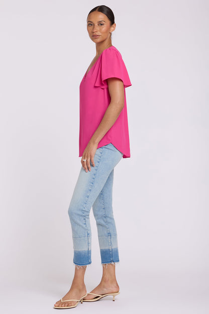 Pleated Flutter Sleeved Blouse - Pink Heart