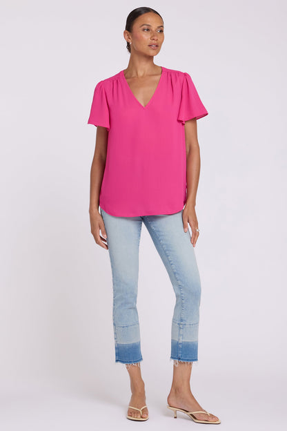 Pleated Flutter Sleeved Blouse - Pink Heart