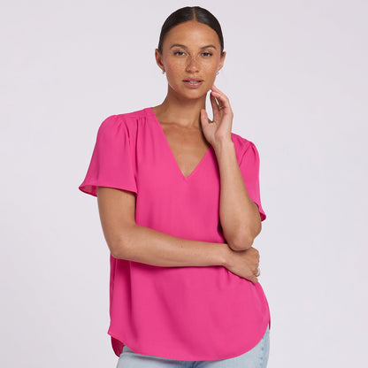 Pleated Flutter Sleeved Blouse - Pink Heart